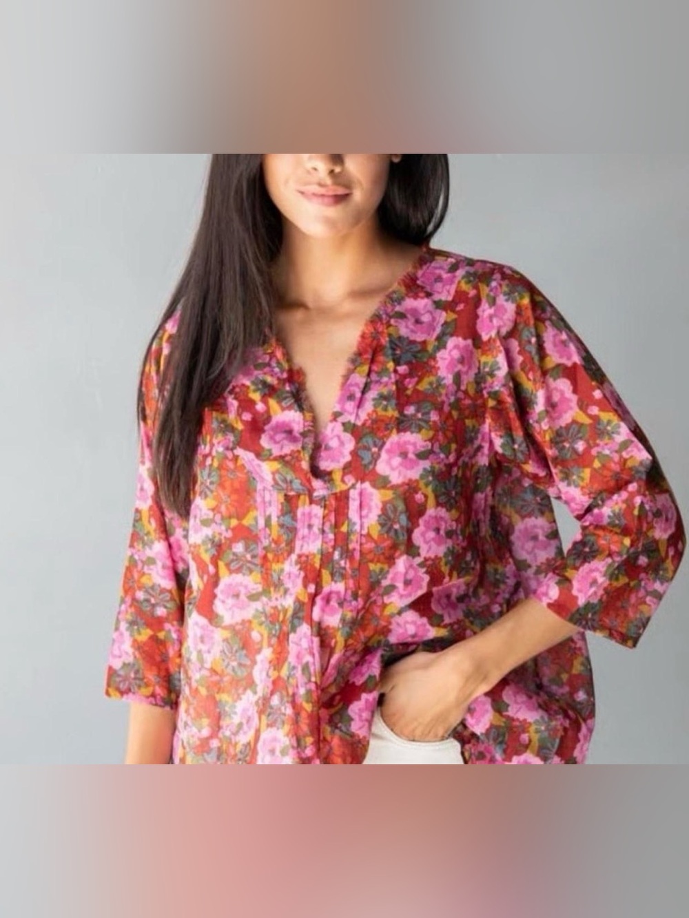 Natural Life Floral Pink V-Neck Women’s Blouse